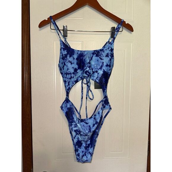 Meyeeka Scoop Neck Cut Out Front Lace Up Back Tie Dye One Piece Swimsuit Sz M - Picture 6 of 13